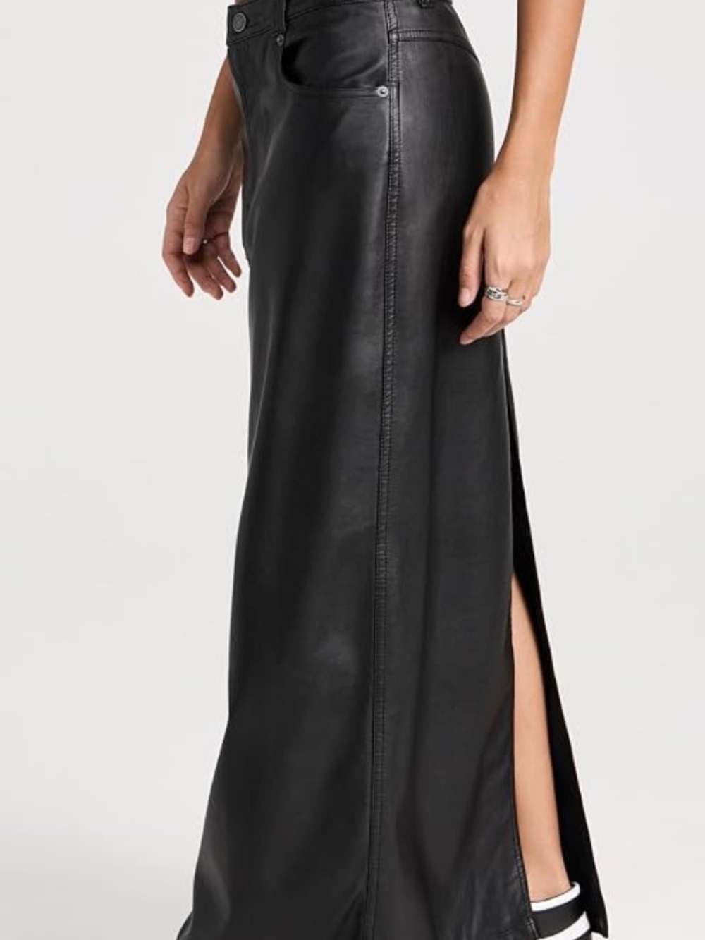 Free People City Slicker Vegan Leather Maxi Skirt Black High Rise A-Line Slit - Picture 13 of 14